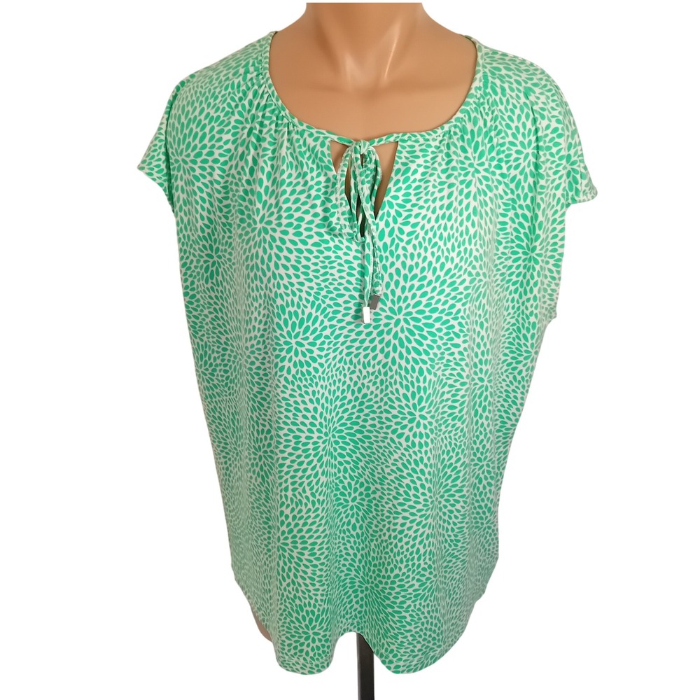 Vintage Liz Claiborne Career Green Floral Tear Drop Tie Half Sleeve Blouse XL